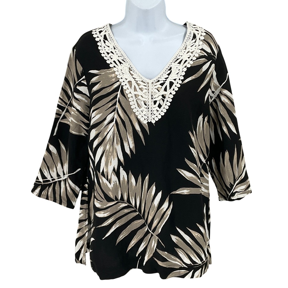 Premise Top Women Small Black Linen Tonal Palm Crochet Lace Travel Resort Airy